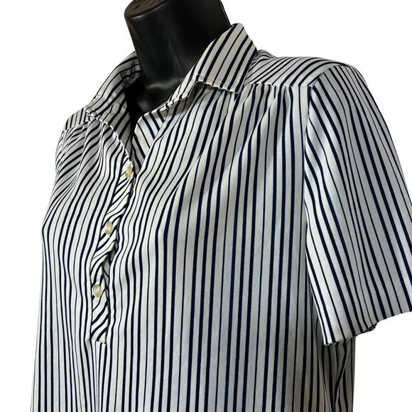 Navy Blue White Striped Shirt Short Sleeve Collared Stretch Vintage 70s 12 - Picture 6 of 8